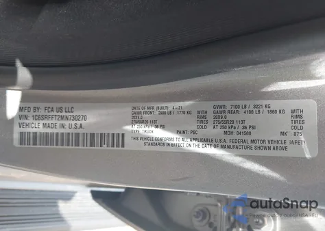 2021 Ram 1500 Big Horn 4X4 5'7 Box from USA, damaged, VIN 1C6SRFFT2MN730270